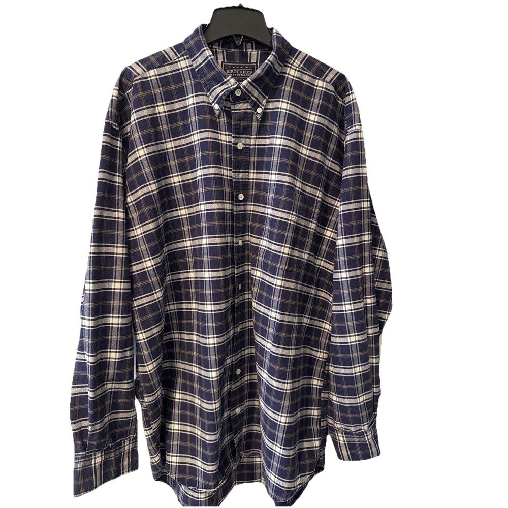 Britches Great Outdoors Vintage Oxford Blue Plaid Long Sleeve Button Up‎ 2XL EUC